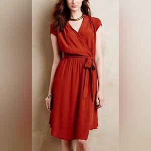 Maeve Anthropologie Noronha Wrap Dress Rust Orange Tie Waist Size Small